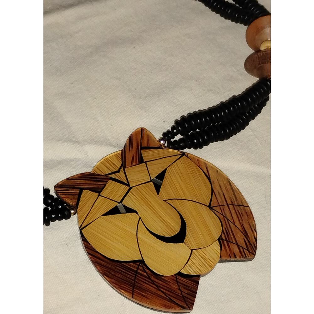 Vintage Wood Inlay Lion Necklace 22" Statement Pendant - Picture 2 of 3